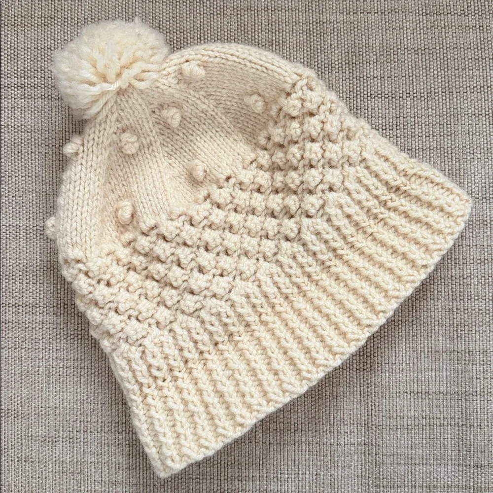 Vintage hand-knitted Kids beanie textured bubble stitch pom-pom Irish Wool?